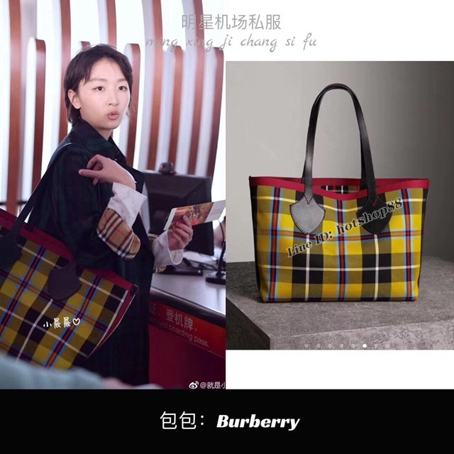 Burberry專櫃新款帆布格紋圖案手提購物女包 巴寶莉雙面兩用托特包購物袋 yxb1349